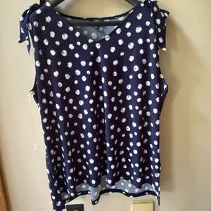 NWT 2x Jones New York Navy Sleeveless Blouse Polka Dots and bows on shoulders